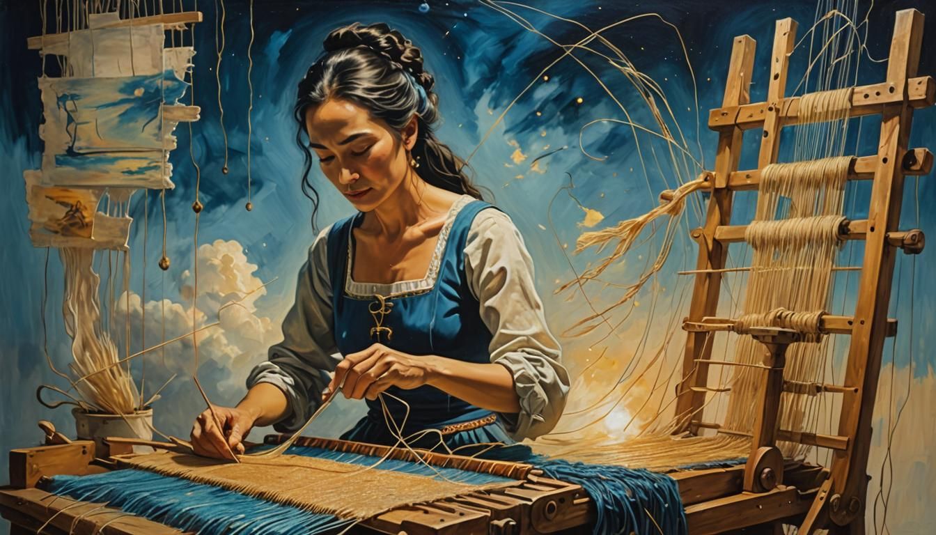Lady Weaving Dreams: Surreal Mixed Media Art