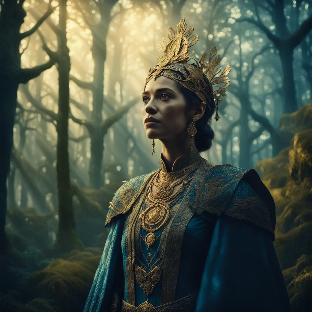 Regal Woman in Mystical Forest, Cinematic Film Still
