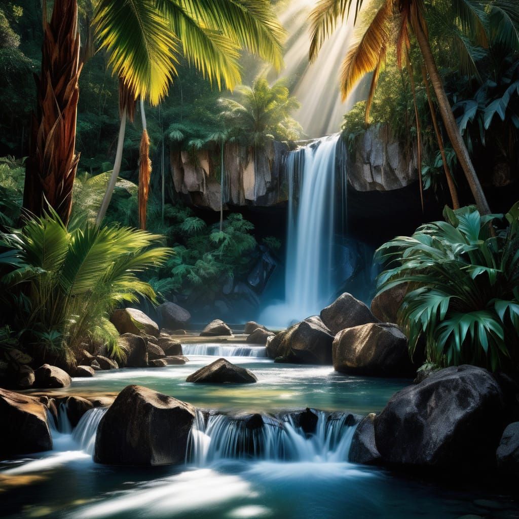 Spectacular Waterfall Cascades into Pristine Lagoon in Tropi...