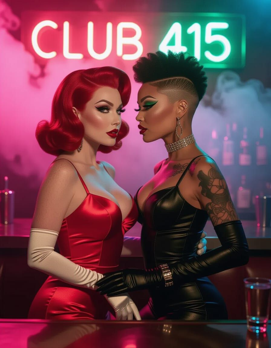 Glamorous Women in Smoky Neon Backroom Scene