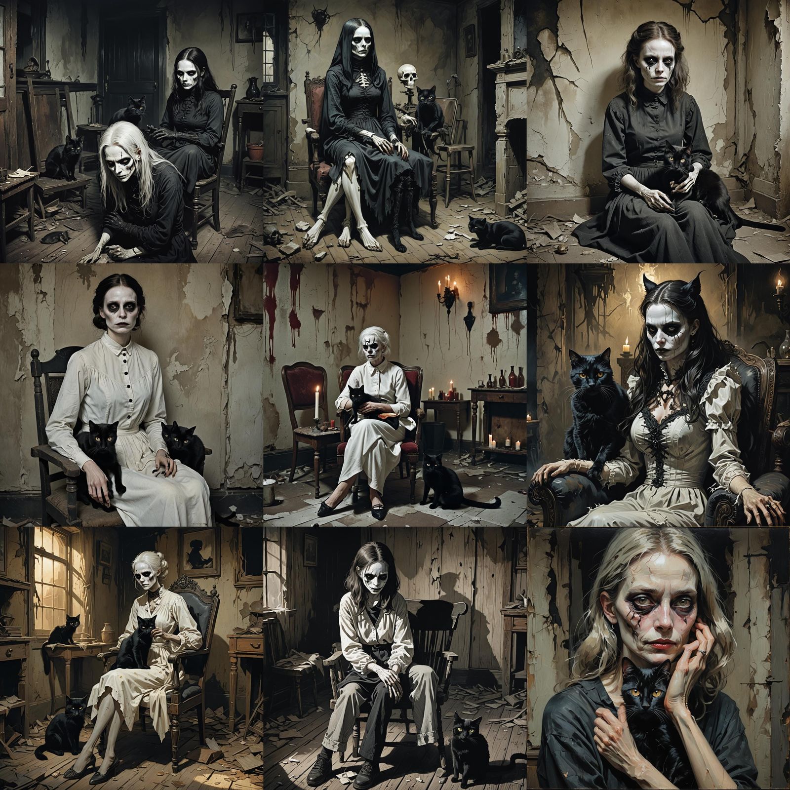 Sinister Woman with Cat in Dilapidated Room