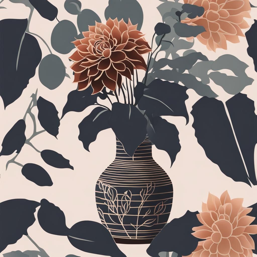 Dahlia and Eucalyptus Bouquet in Modernist Pottery Vase
