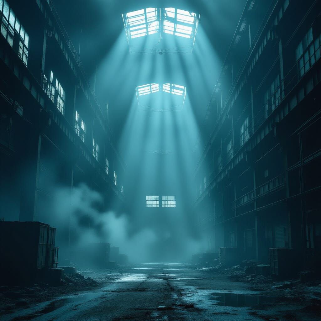 Vast Derelict Factory Interior in Smog and Shadows