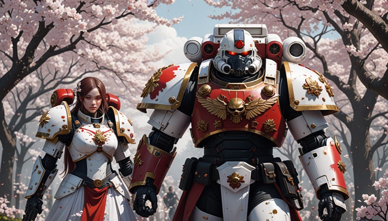 Space Marine Under Cherry Blossoms With Bride