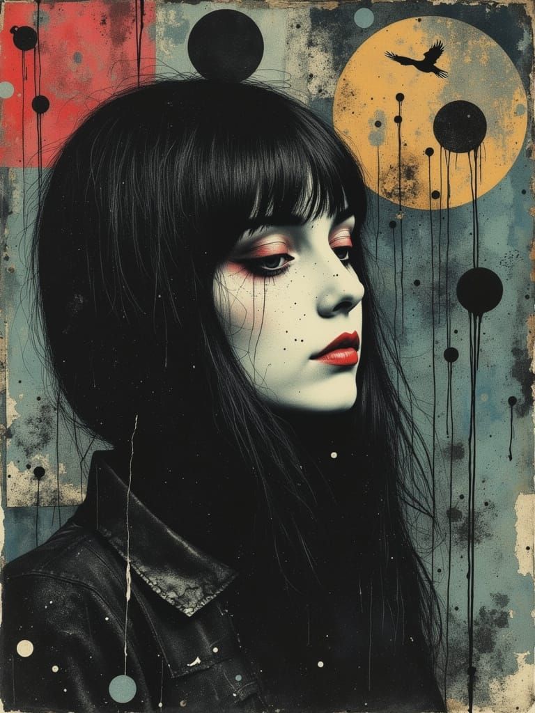 Gothic Woman in Surreal Abstract Mixed Media