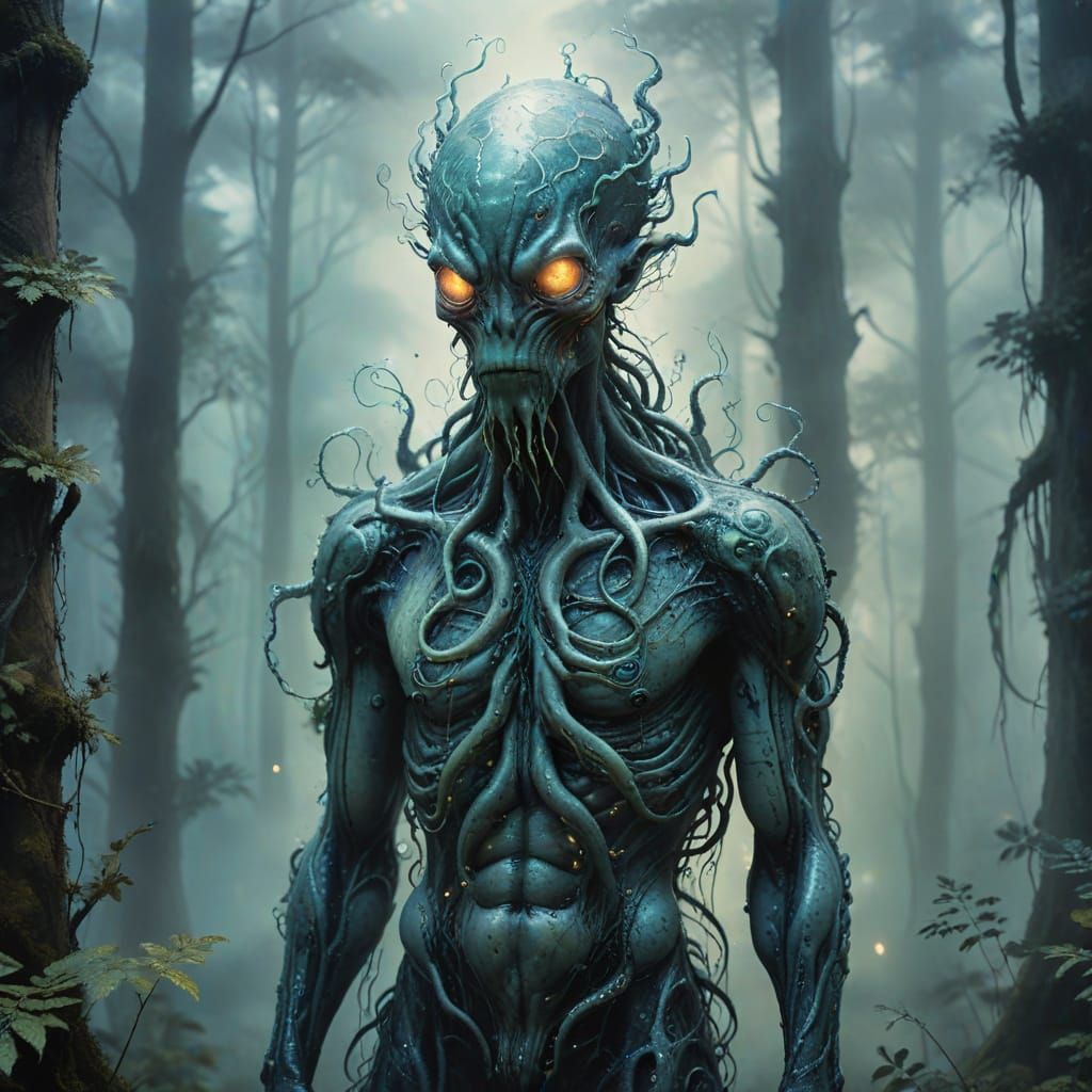 Eerie Alien Creature in Expressionist Ink Landscape