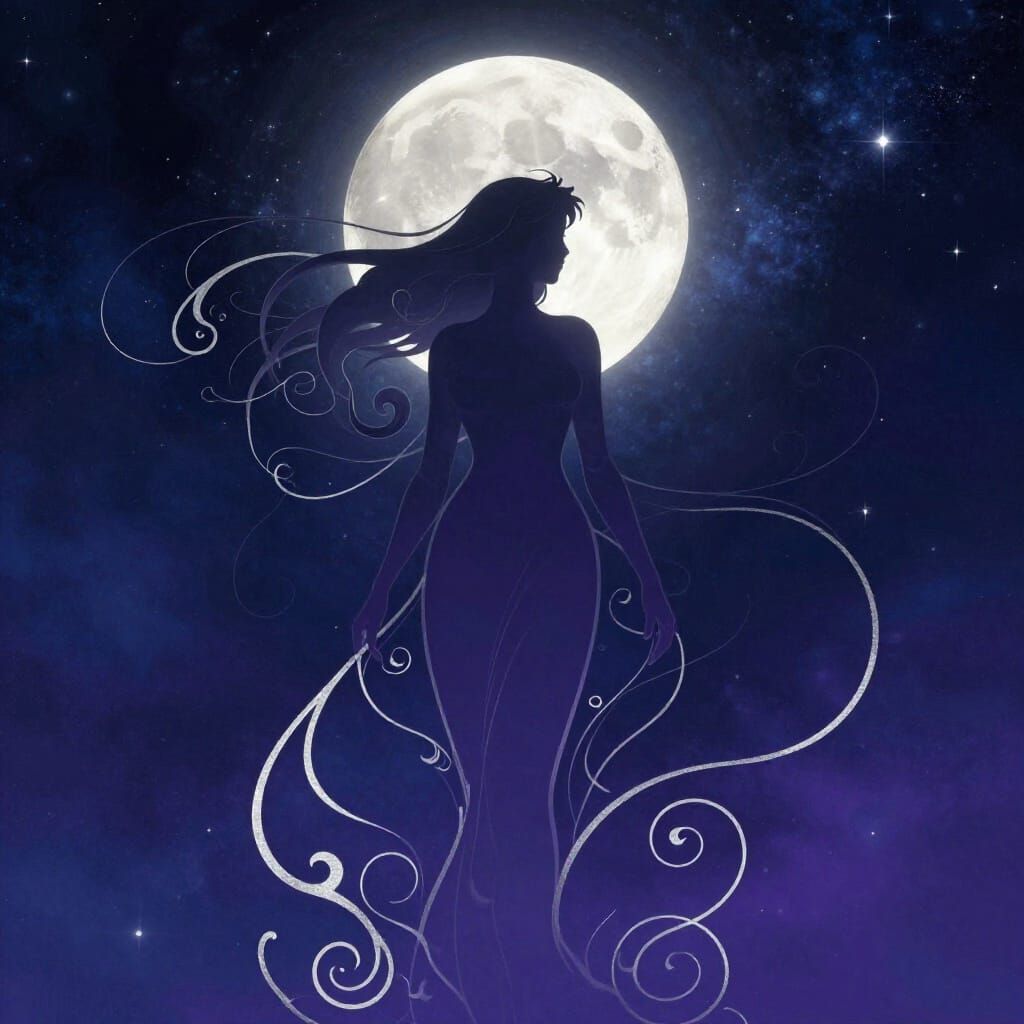 Art Nouveau Woman Silhouette Under Cosmic Moon