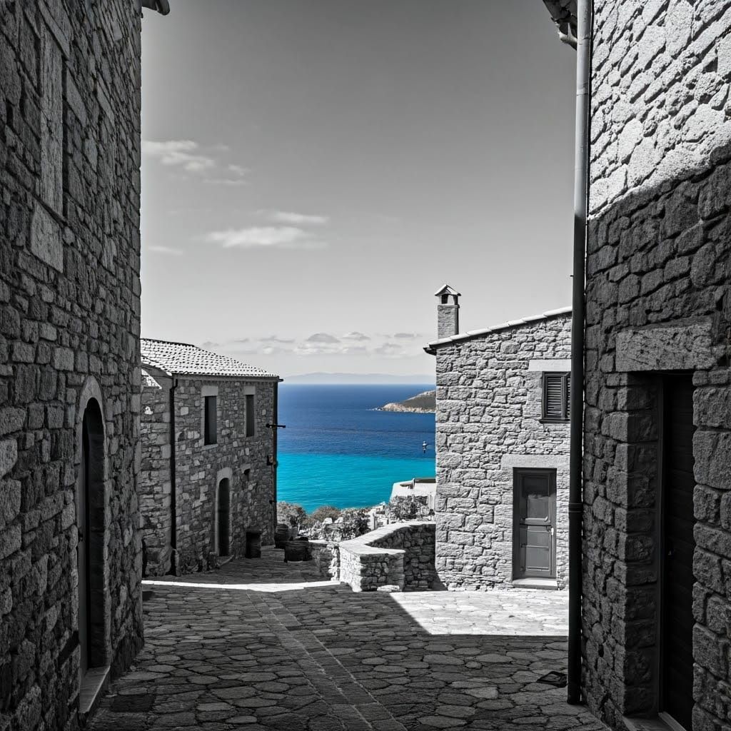 Sardinian Village: Black and White with Turquoise Sea