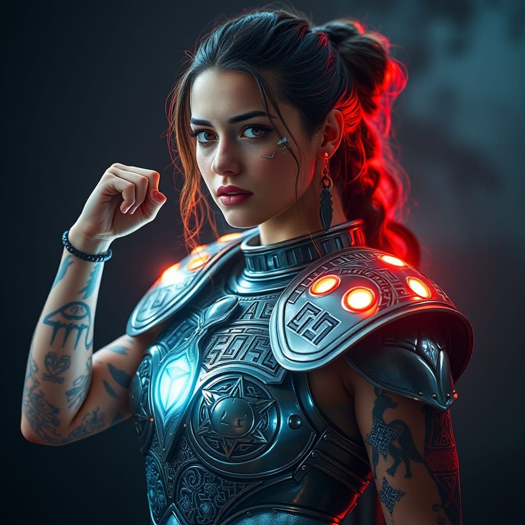 Woman in Armor of Light with Runes and Hieroglyphs