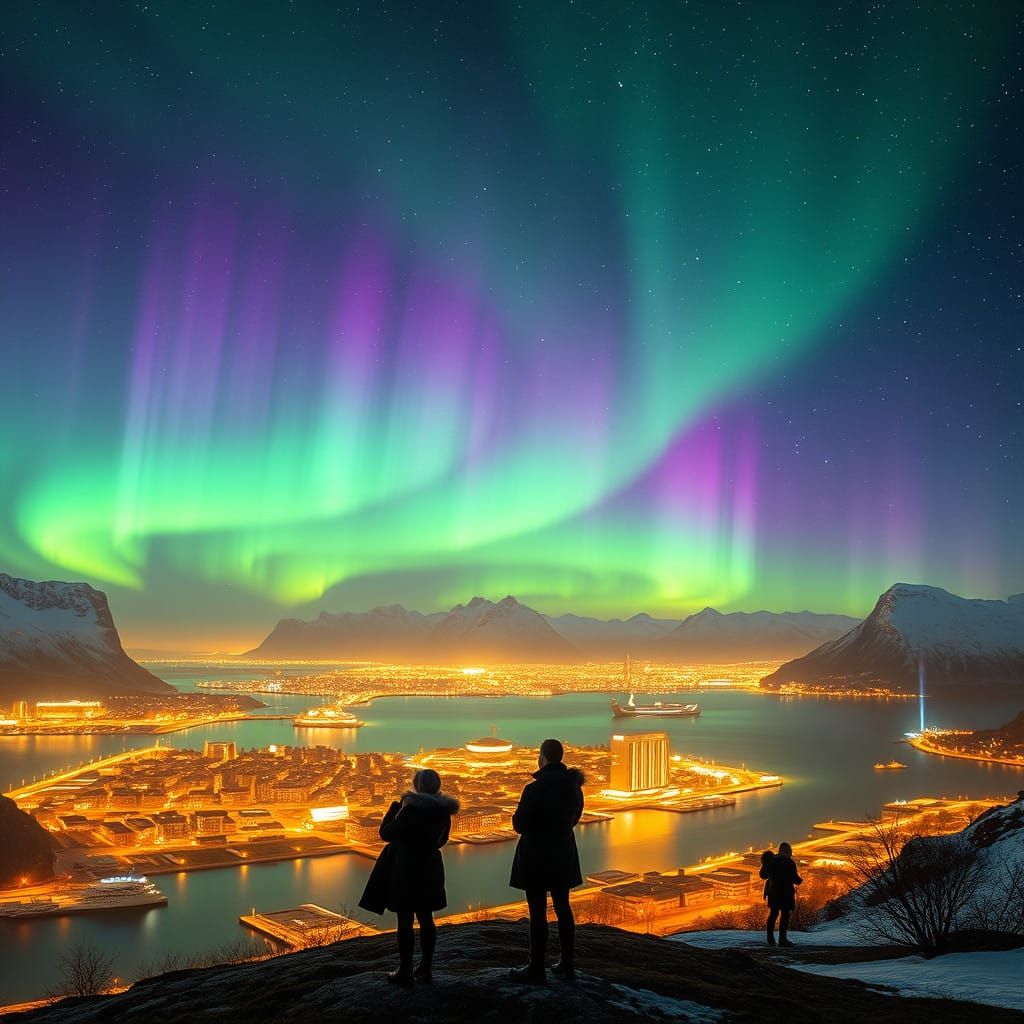 Surreal Tromsø Night Scene with Vibrant Northern Lights