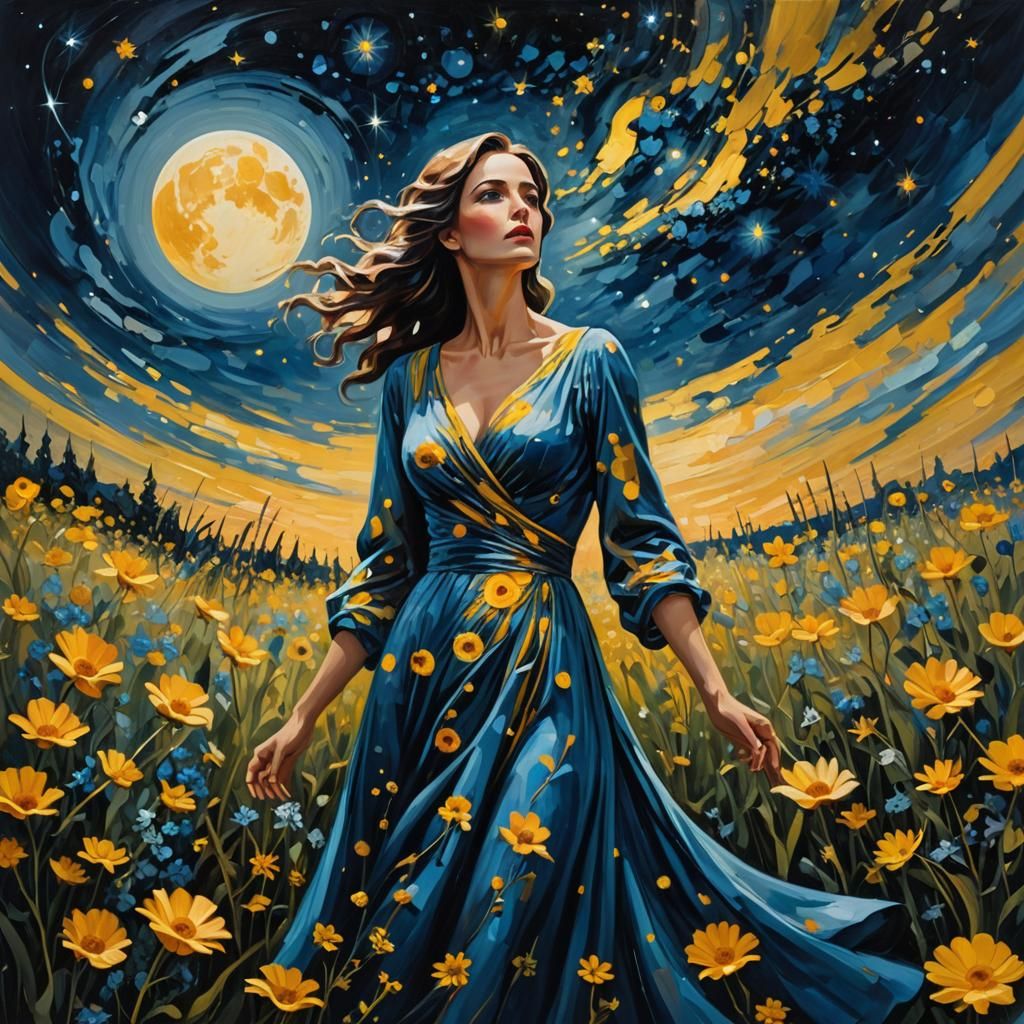 Woman Gazing at Starry Night in Expressionist Style