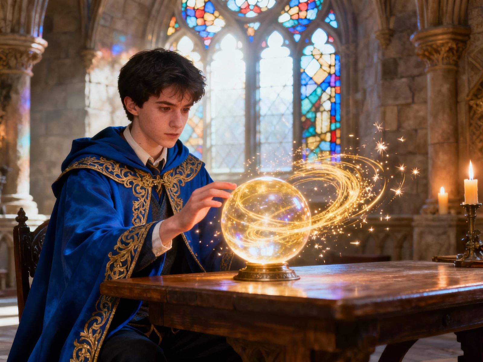 Wizard Student Touches Glowing Sphere in Magical School