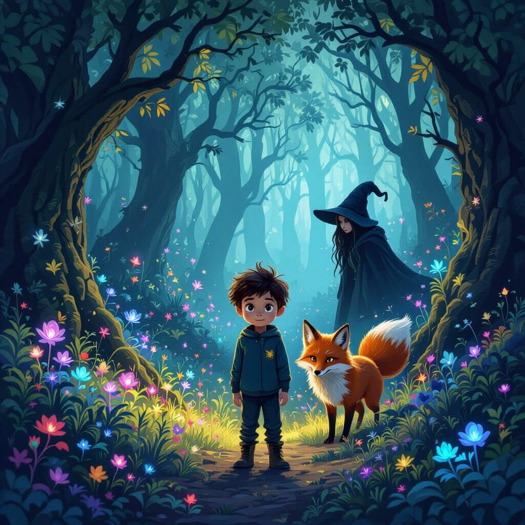 Whimsical Forest with Creeping Fox and Witch