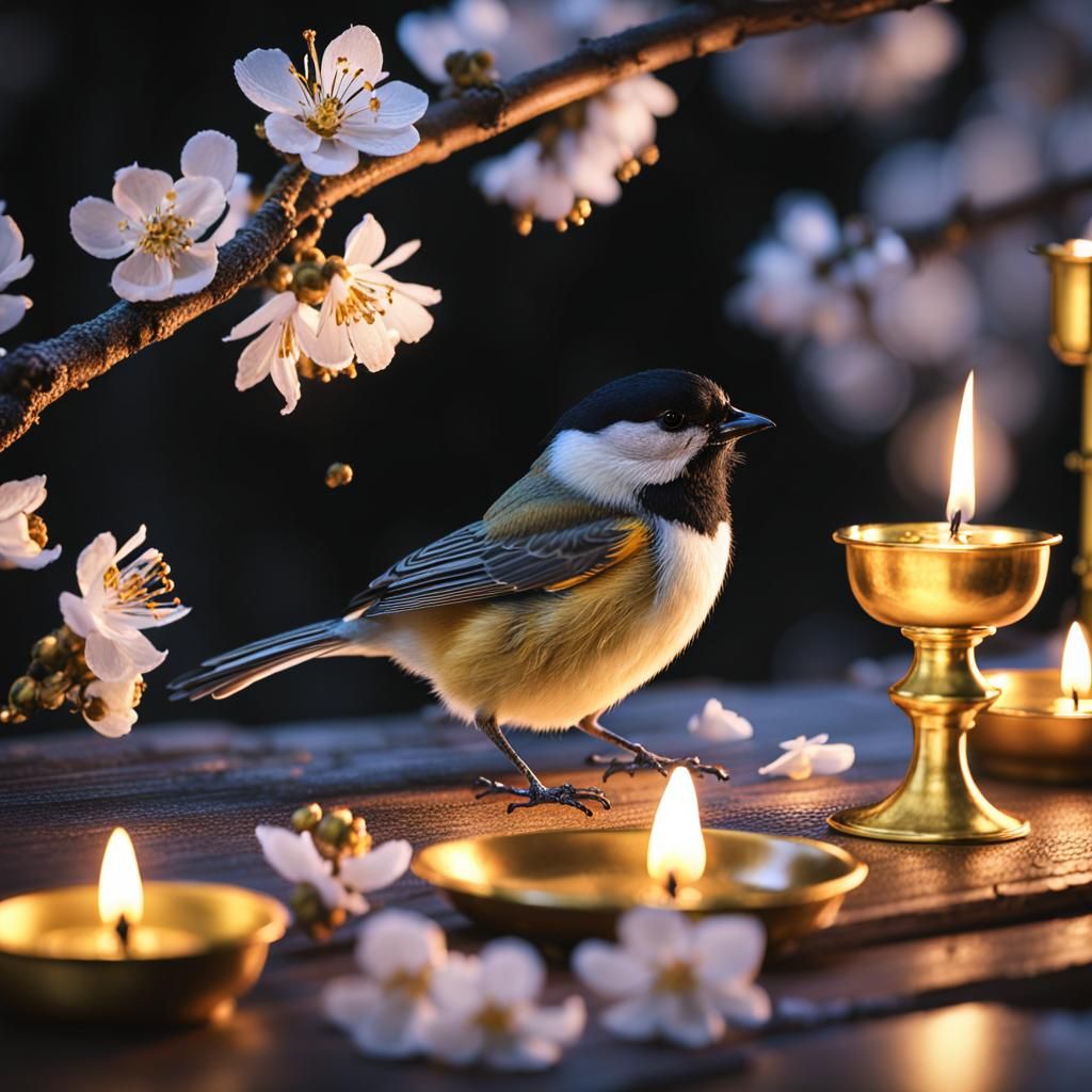 Chickadee Among Golden Candlesticks at Night