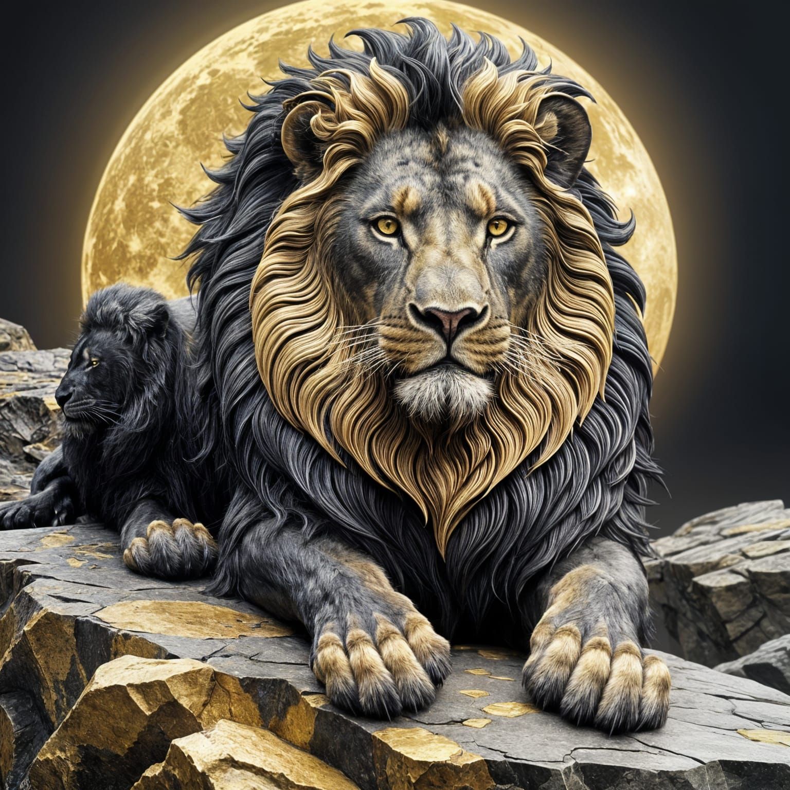 Black Lion on Golden Rock with Pale Moon