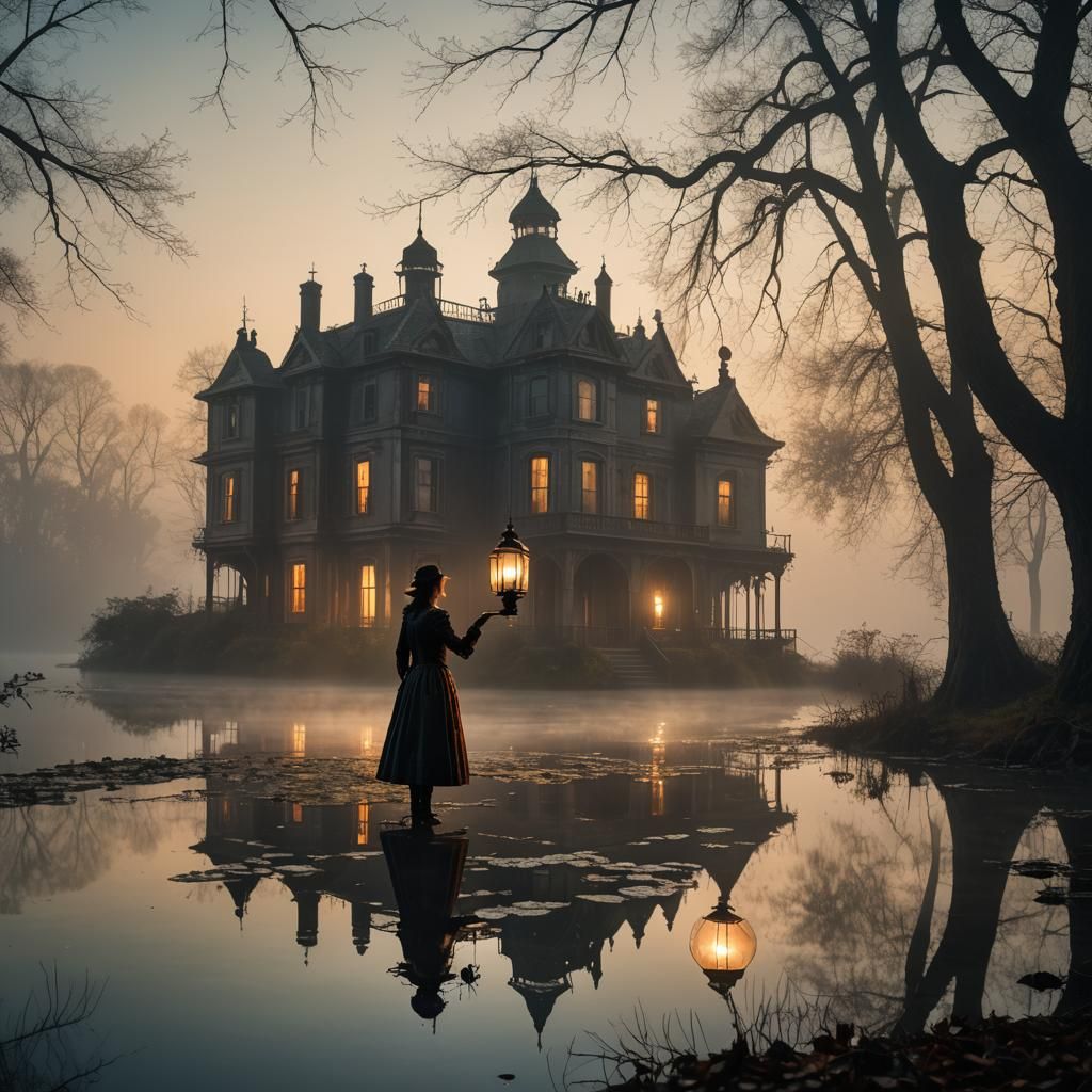 Steampunk Woman Releases Lantern at Misty Lake