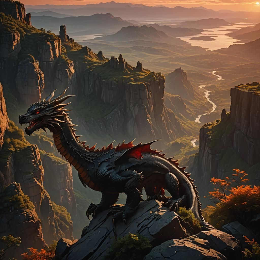 Dragon Perched on Cliff at Sunset in Dark Fantasy