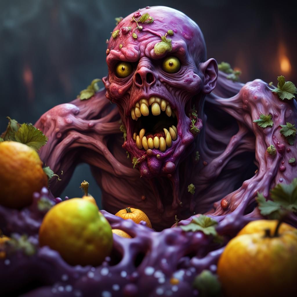 Hyperdetailed Zombie Fruit Character in Dark Fantasy Style