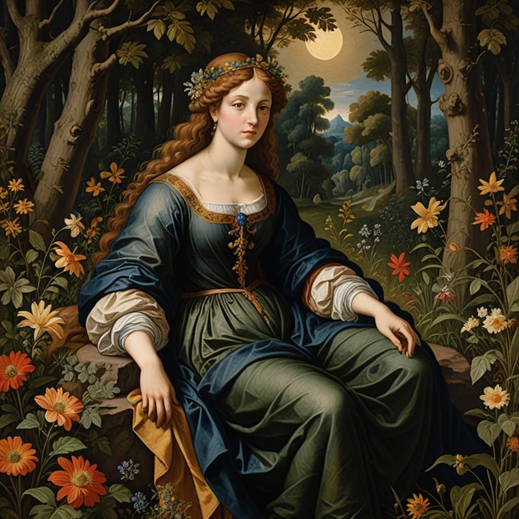 Regal Renaissance Nymph in Moonlit Forest