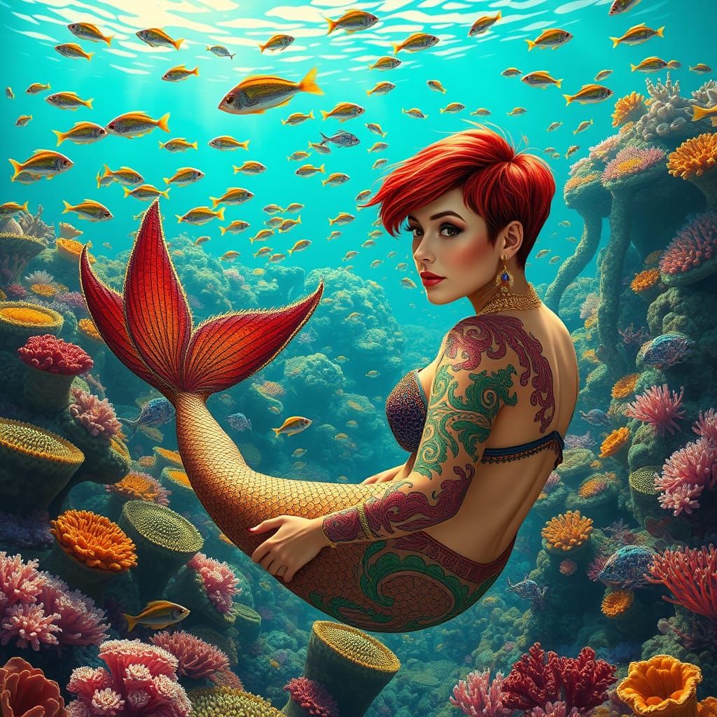 Mermaid Goddess in Vibrant Coral Reef Scene