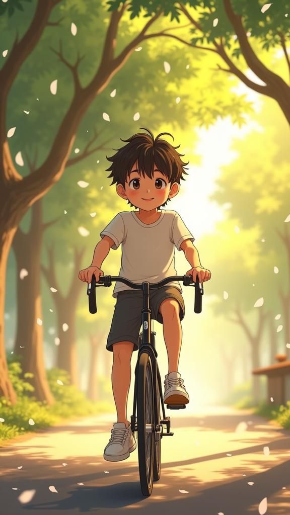 Boy Rides Bicycle on Tree-Lined Road