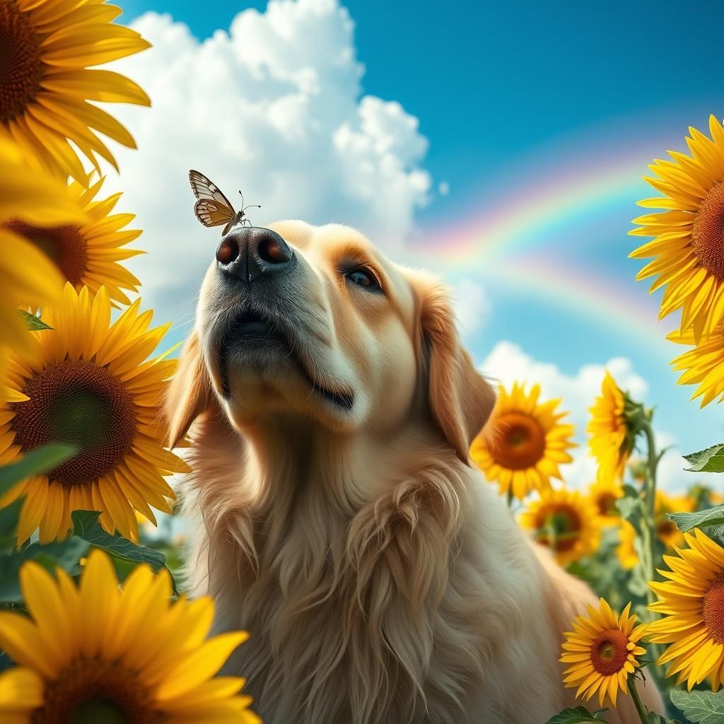 Golden Retriever and Butterfly in Hyperrealistic Style