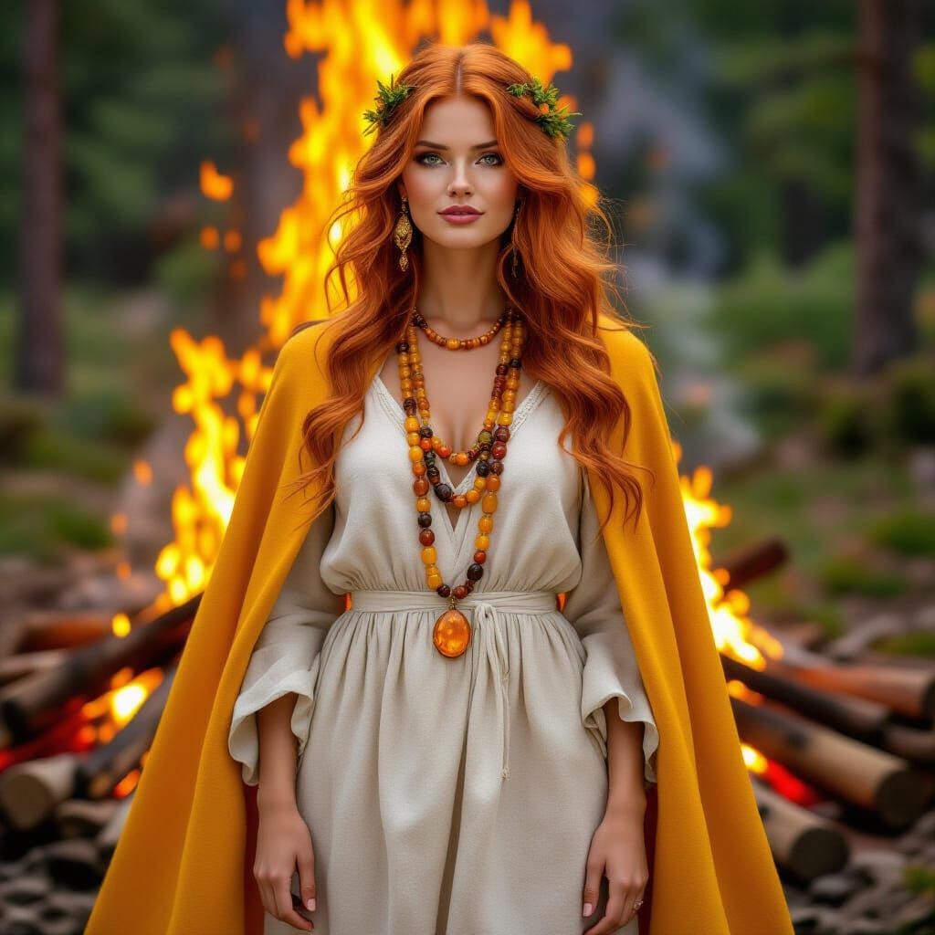 Baltic Sun Goddess Before Bonfire, Klimt Style