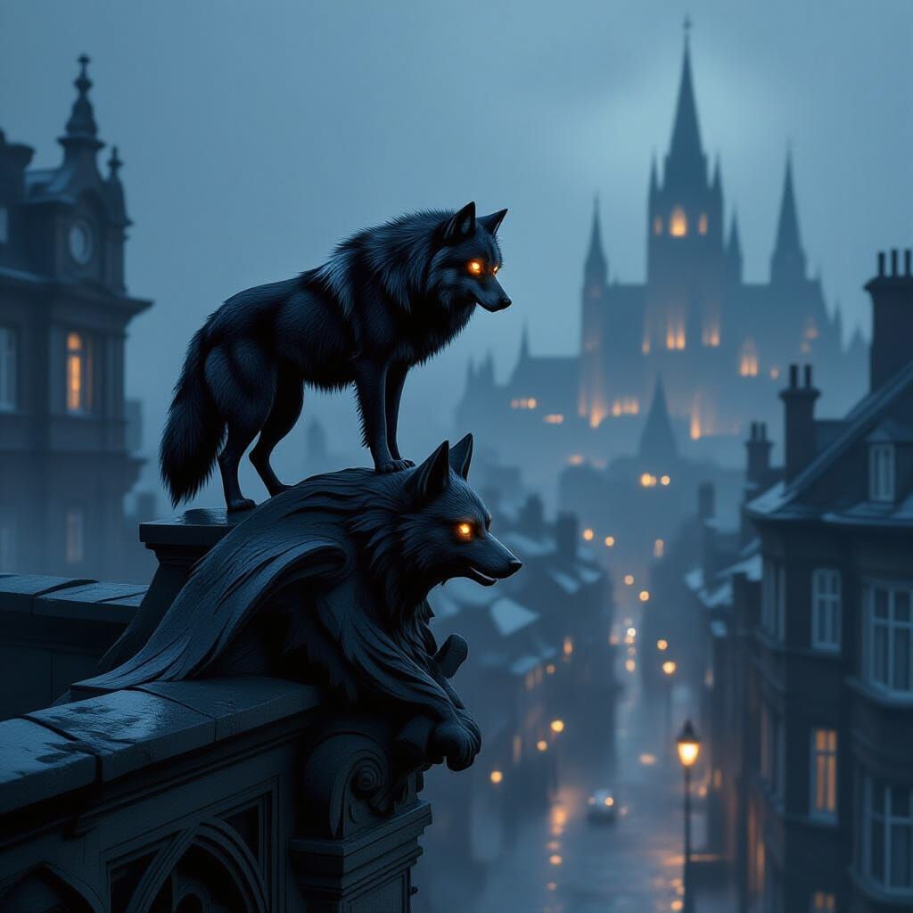 Wolf on Gargoyle Overlooking Victorian City