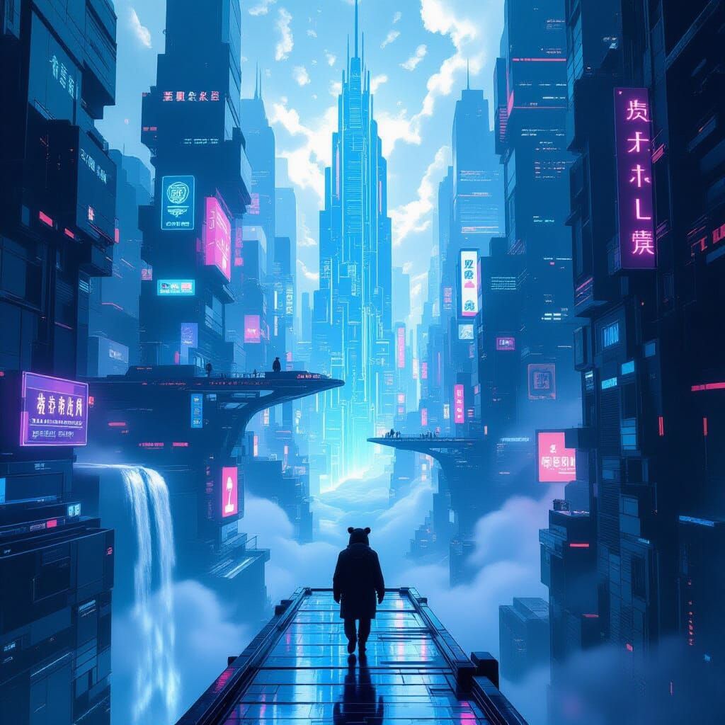 Surreal Futuristic Cityscape with Floating Buildings and Lig...