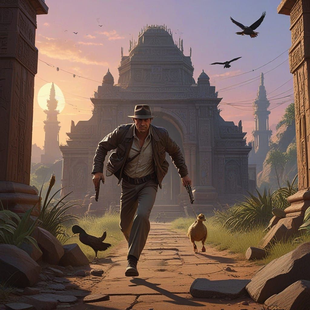 Indiana Jones Enters Ancient Temple with Fedotra and Allies
