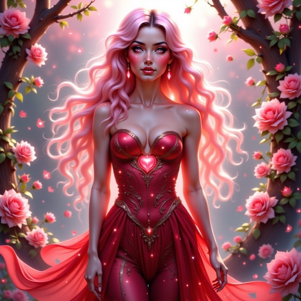 Radiant Woman Spreading Love in a Rose Garden