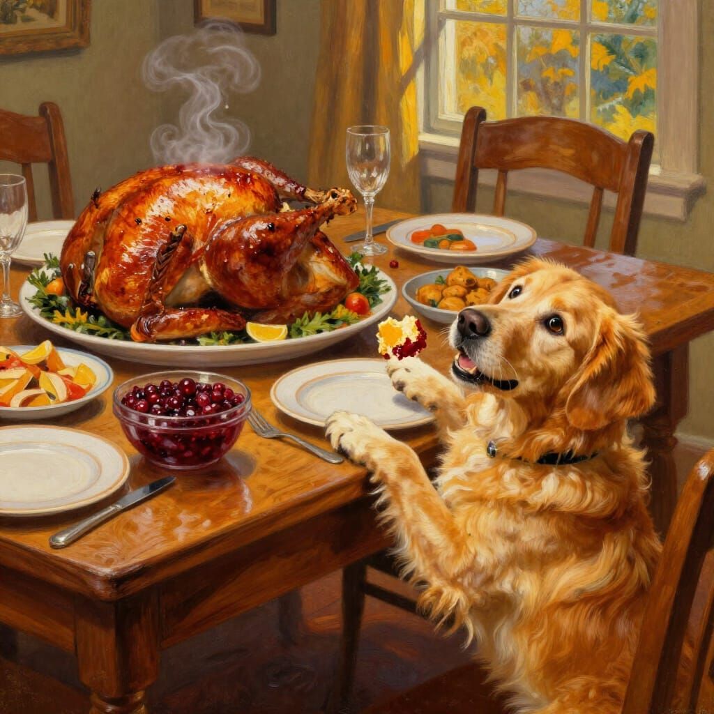Golden Retriever Steals Thanksgiving Dinner in Oil Painting ...