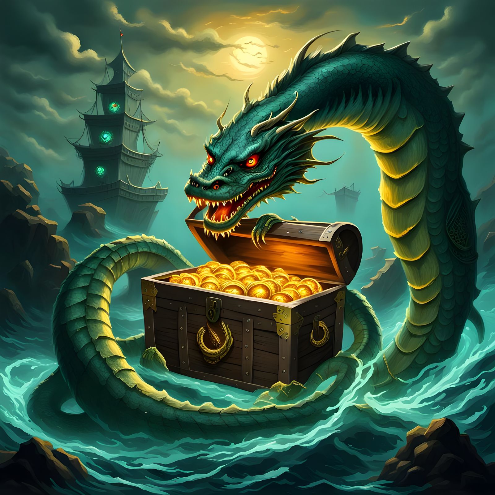 Sea Serpent Guarding Treasure Chest Digital Painting