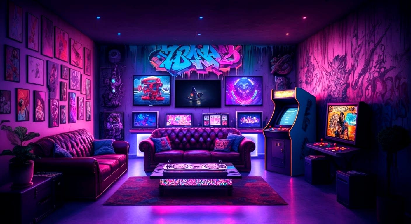 Vibrant Game Room with Graffiti Art in Street Art Style