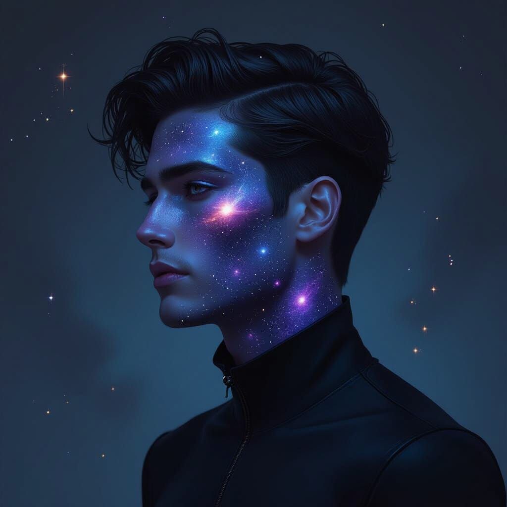 Cosmic Man with Galaxy Skin and Dark Highlights