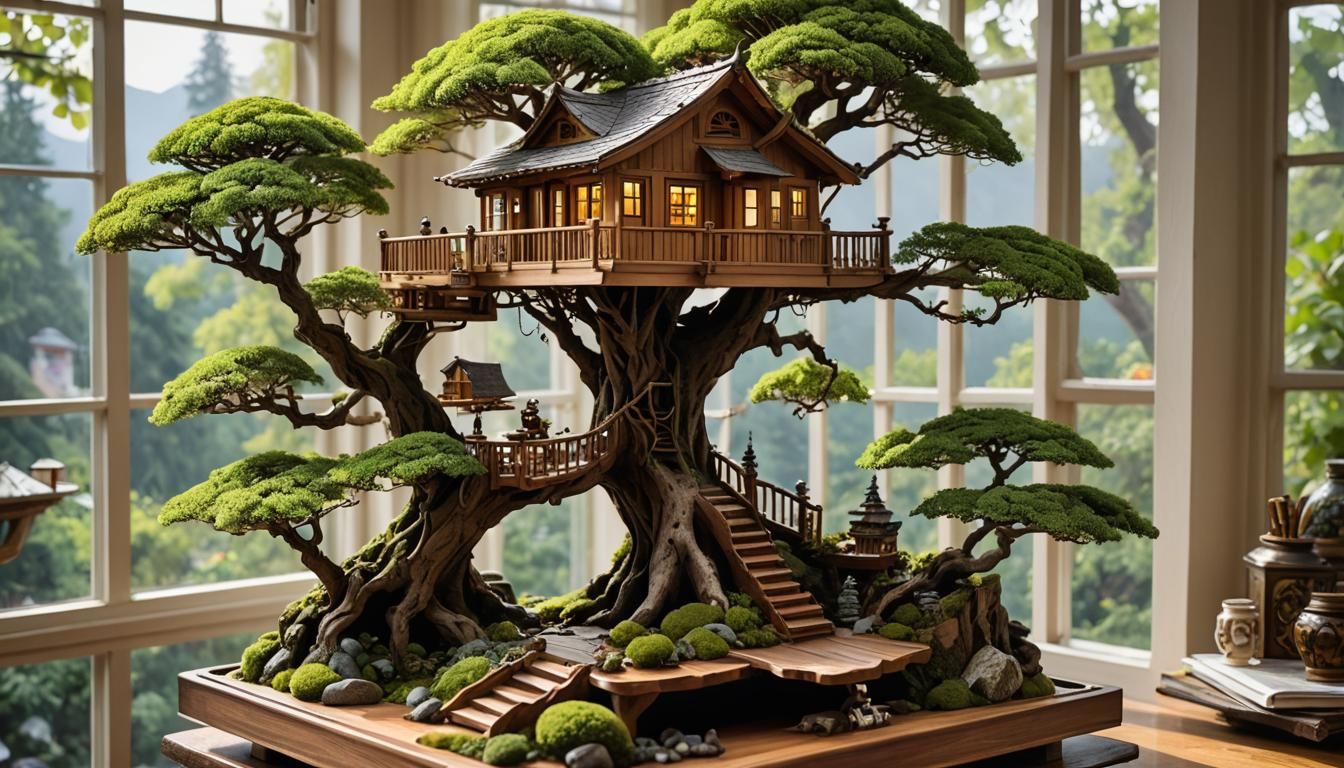 Intricate Miniature Treehouse with Bonsai and Mountain View