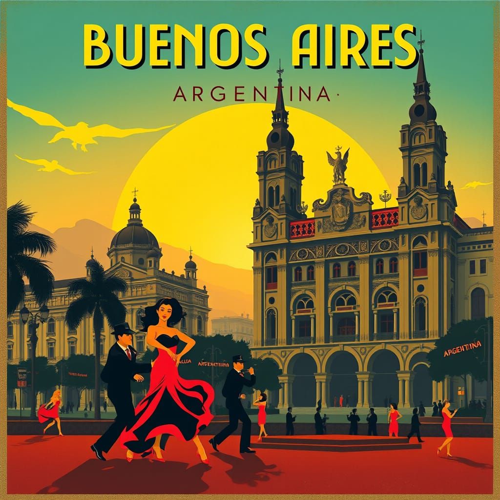 Buenos Aires Vintage Travel Poster with Tango Dancers