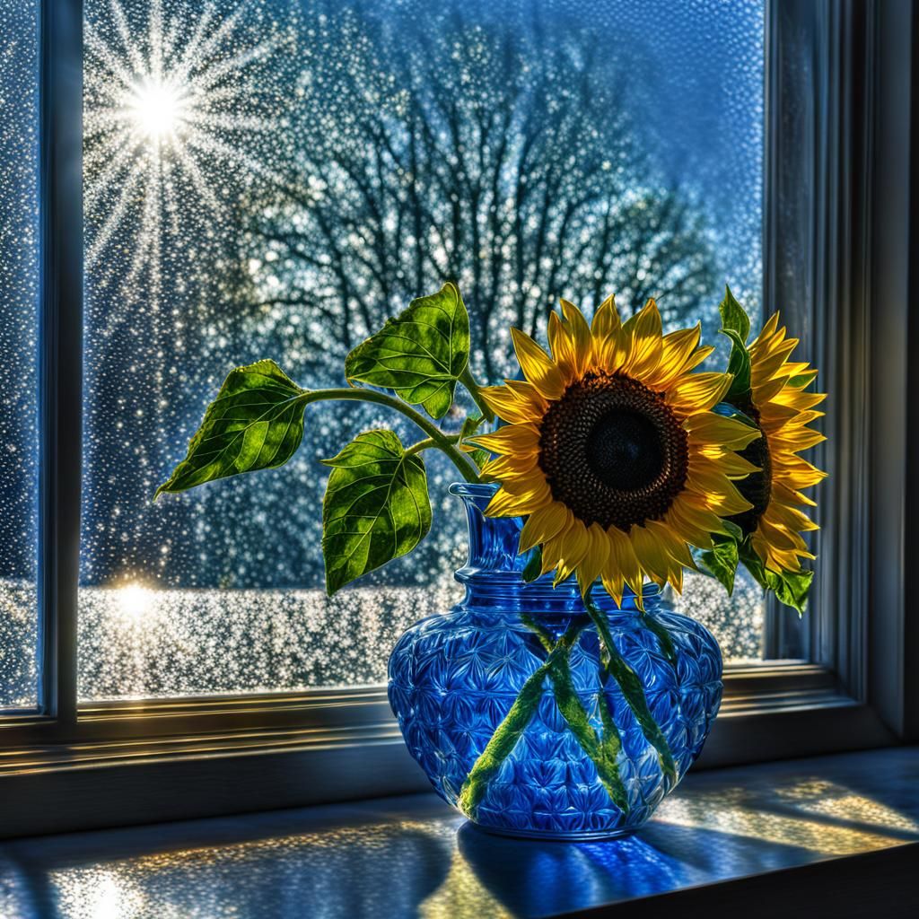 crystal glass sunflower, blue vase, sunbeams