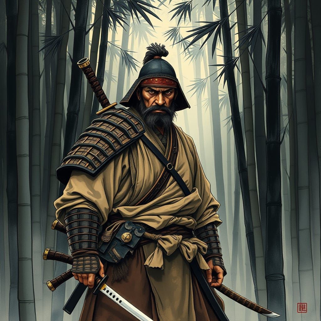 Weathered Samurai Guards Bamboo Forest
