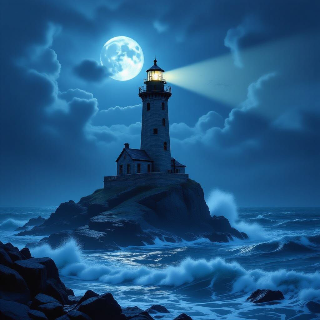 Ancient Lighthouse Beam in Stormy Moonlight