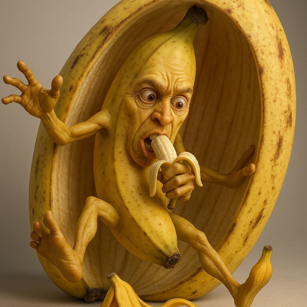 Humanoid Banana Slips While Eating Banana