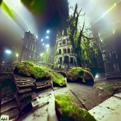 Hyperrealistic Abandoned City Inside Dark Forest at Night