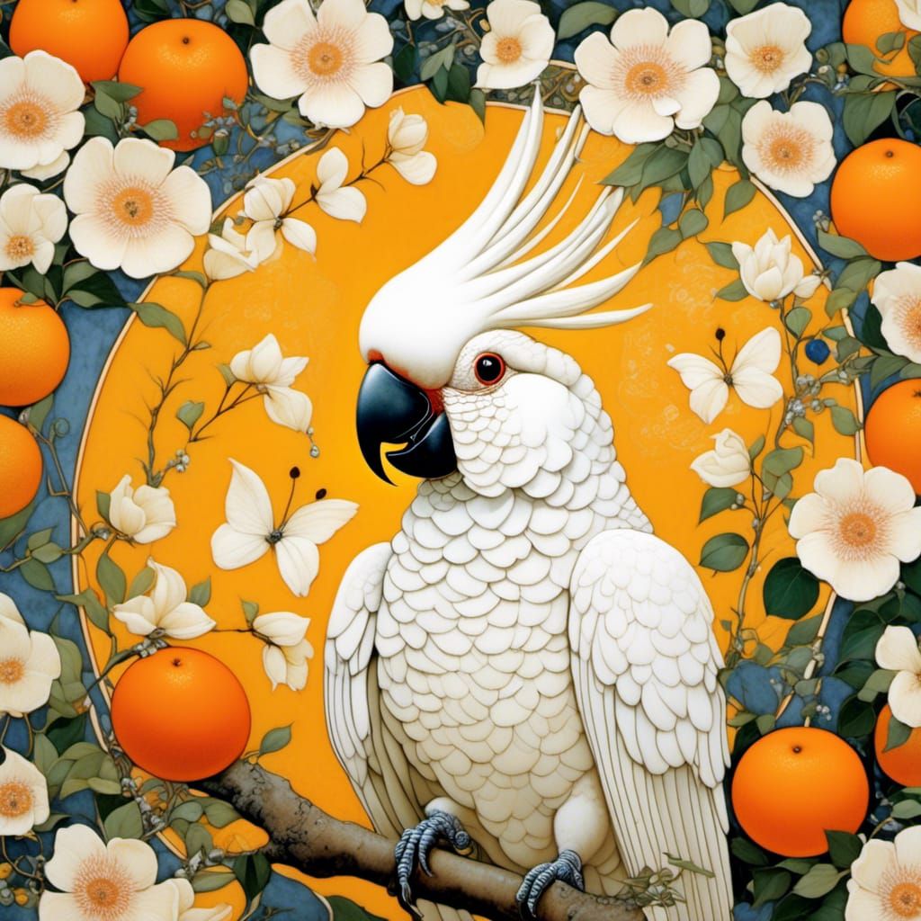 Cockatoo with Orange in Lush Garden, Art Nouveau Style