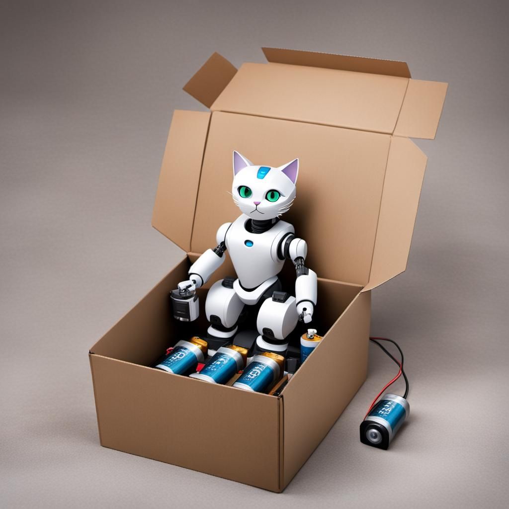 Robot Cat with Batteries in Box: Digital Art