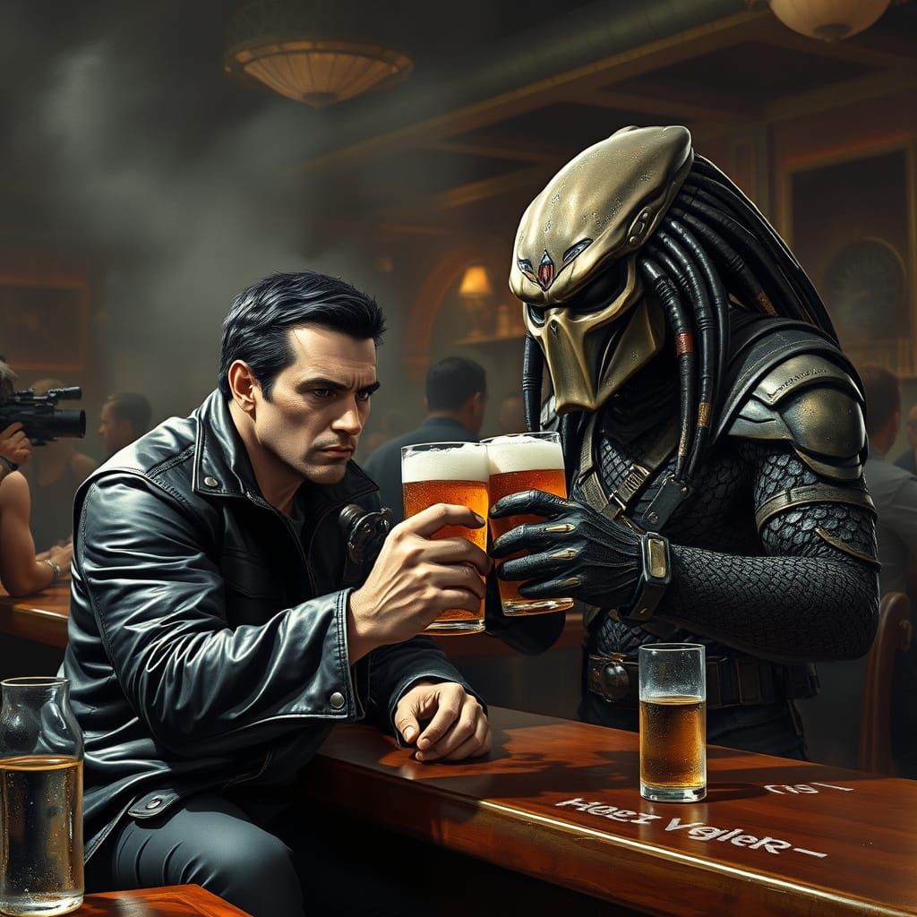 Mercenaries and Predator Share Drinks in Gritty Bar