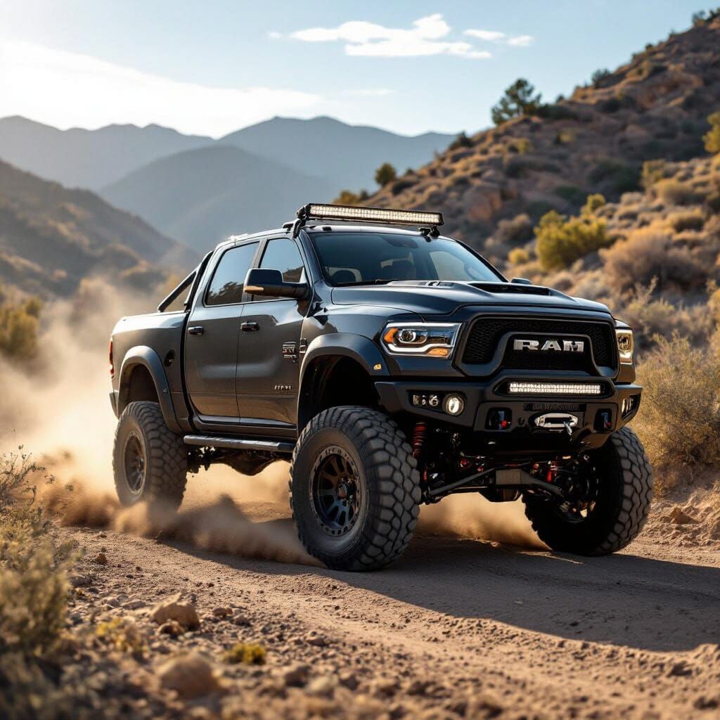 Matte Black Ram TRX Off-Road Adventure on Mountain Dirt Road