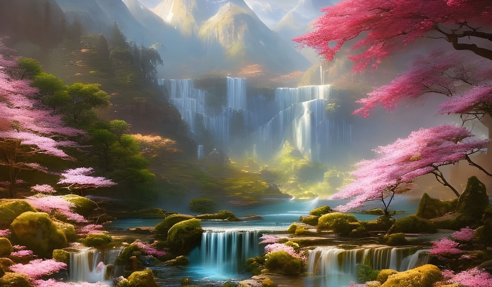 Waterfall, Cherry blossoms