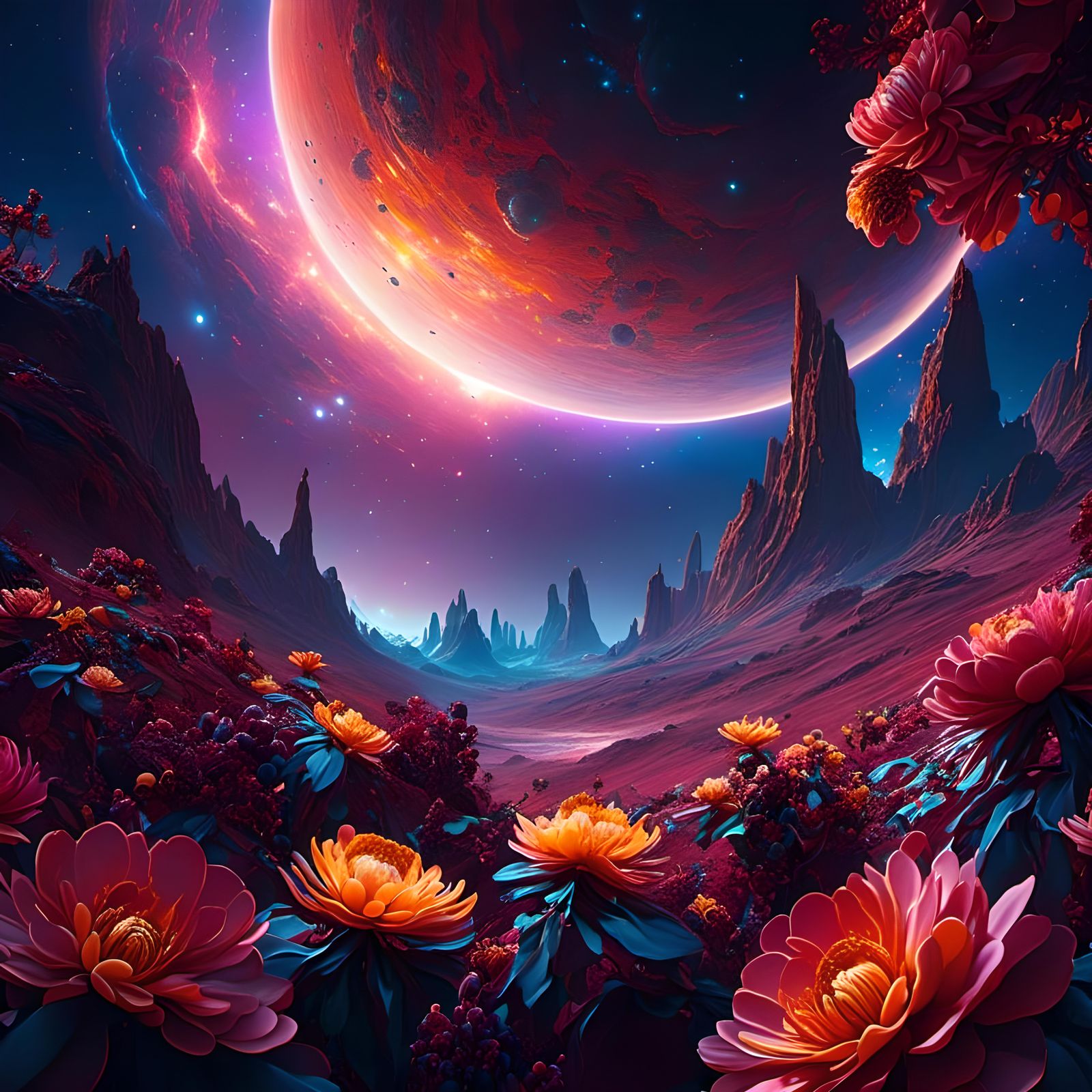 Planetary Space Scene with Space Flowers as Digital Painting