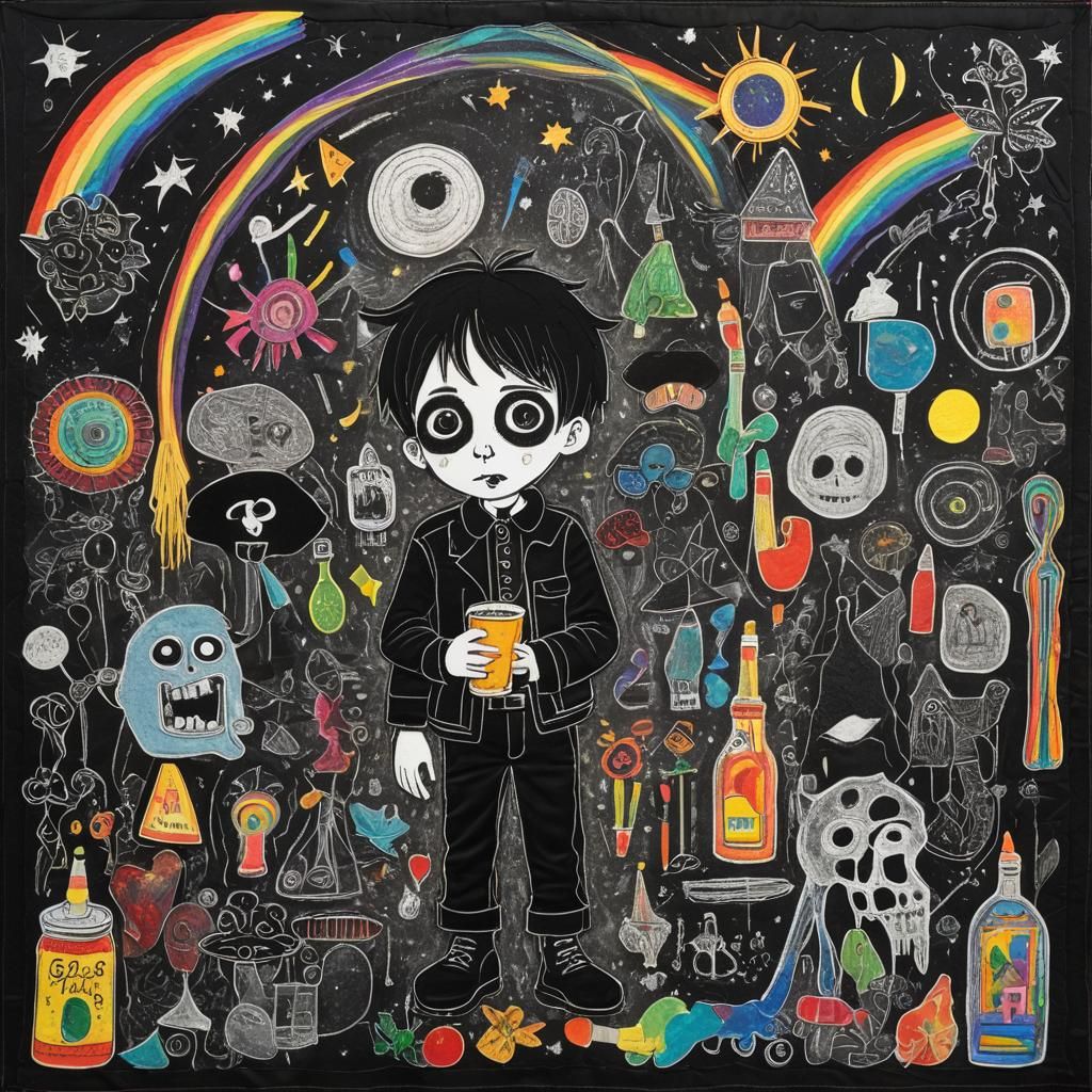 Surreal Goth Band Appliqué Quilt with Crayon Drawings