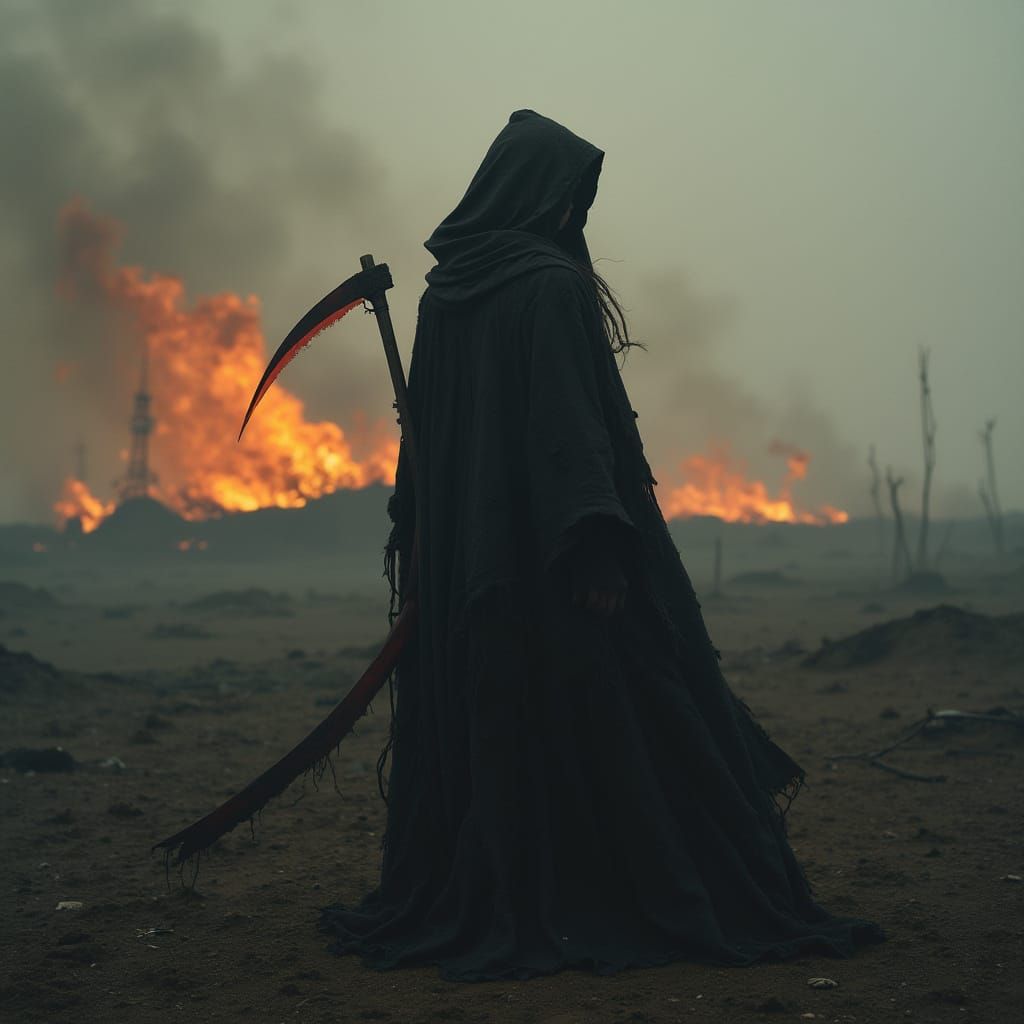 Dark Reaper Emerges from Burning Wastes in Cyberpunk Style